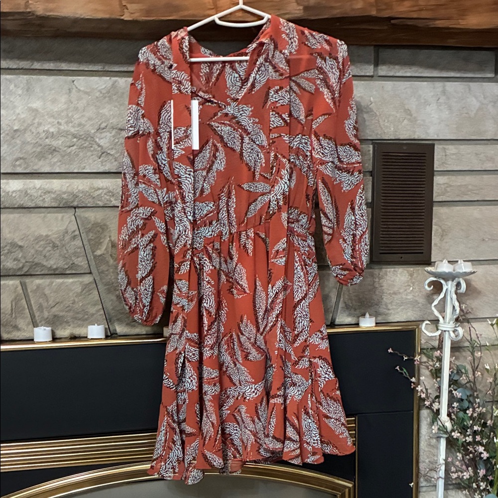 THML Rust Feather Print Long Sleeve Dress